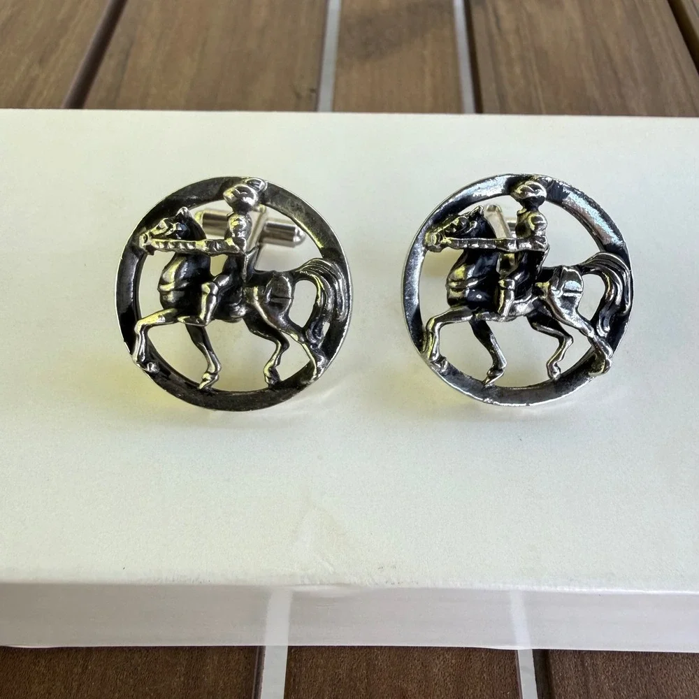 Vintage Silver Tone Knight on Horseback Medieval Cufflinks Round Antiqued Mens